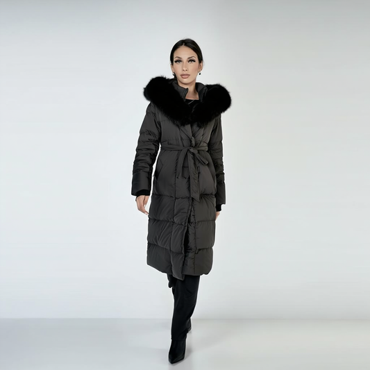 Lang vatteret vinterfrakke til kvinder | Bindebælte | Hætte med imitert pelskant