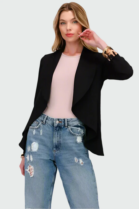 Elegant leopardmønstret blazer med åben front og opsmøgede ærmer