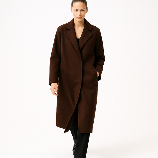 Dame Uldfrakke i Patchworkdesign | Brun | Elegant & Varm til Efterår & Vinter