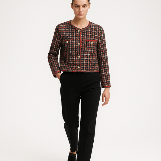 Elegant Kort Tweed Jakke til Kvinder | Klassisk Bouclé Jakke med Guldknapper