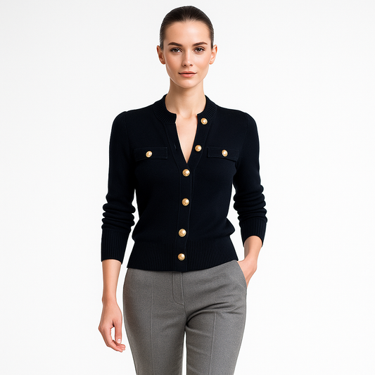 Elegant Dame Cardigan med Guldknapper | Strikket Bluse i Klassisk Design
