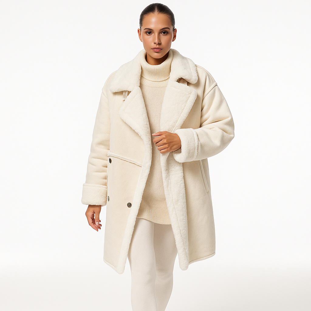 Lang Fluffy Jakke til Kvinder | Elegant Plysjakke i Ruskindslook med Fuskepelsfor