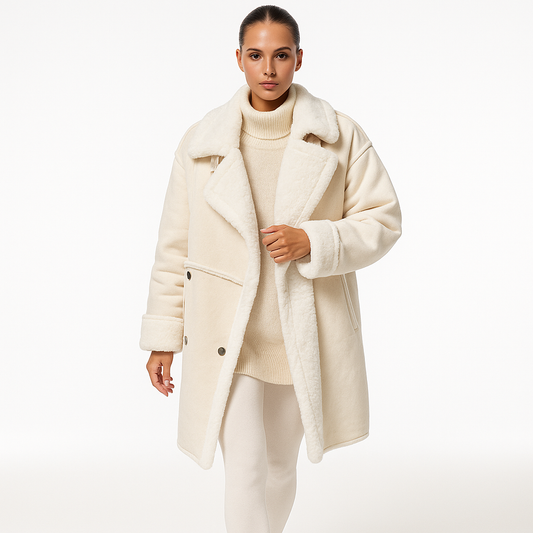 Lang Fluffy Jakke til Kvinder | Elegant Plysjakke i Ruskindslook med Fuskepelsfor