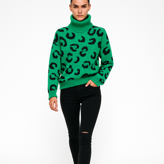 Elegant Grøn Leopard Striktrøje til Kvinder | Varm Rullekrave og Blødt Materiale