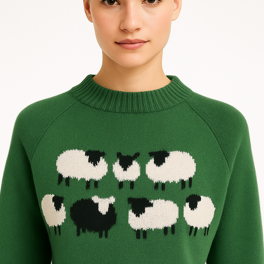 Vinterstriktrøje til Kvinder | Blød Vintage Sweater med Fårmotiv