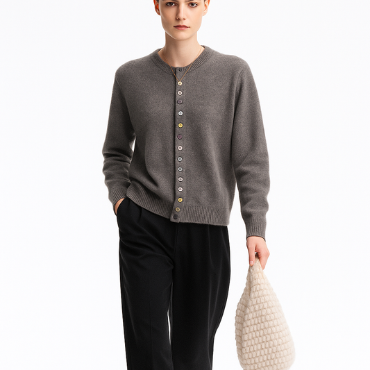 Elegant dame cardigan med knapper og rund hals | Blød og alsidig strik