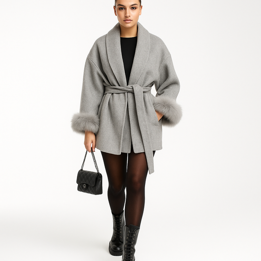 Damefrakke med bindebælte | Løs pasform | Statement-ærmer