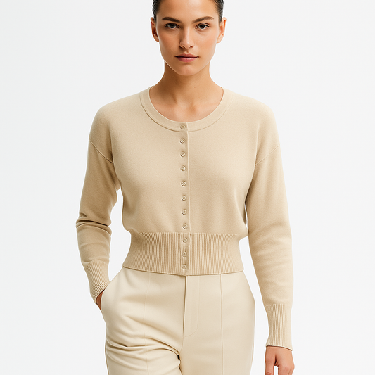 Beige strik cardigan til kvinder | Cropped model med knapper | Ribbet talje og rund hals