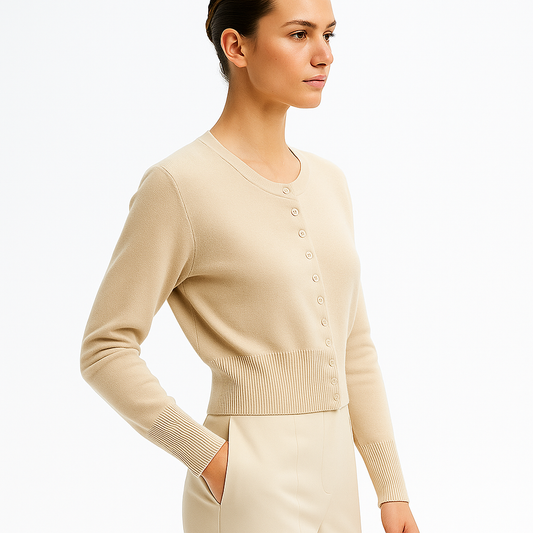 Beige strik cardigan til kvinder | Cropped model med knapper | Ribbet talje og rund hals