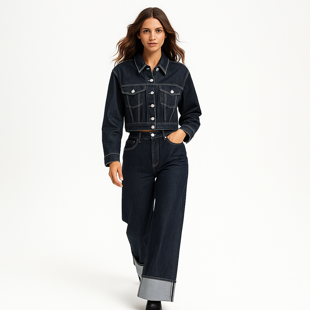 Kvinders denim sæt | Kort jakke og vide jeans | Klassisk look i mørk vask