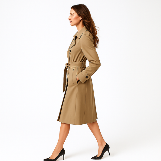 Kvinders lang trenchcoat | Dobbeltknaplukning | Bælte i taljen | Oversized pasform