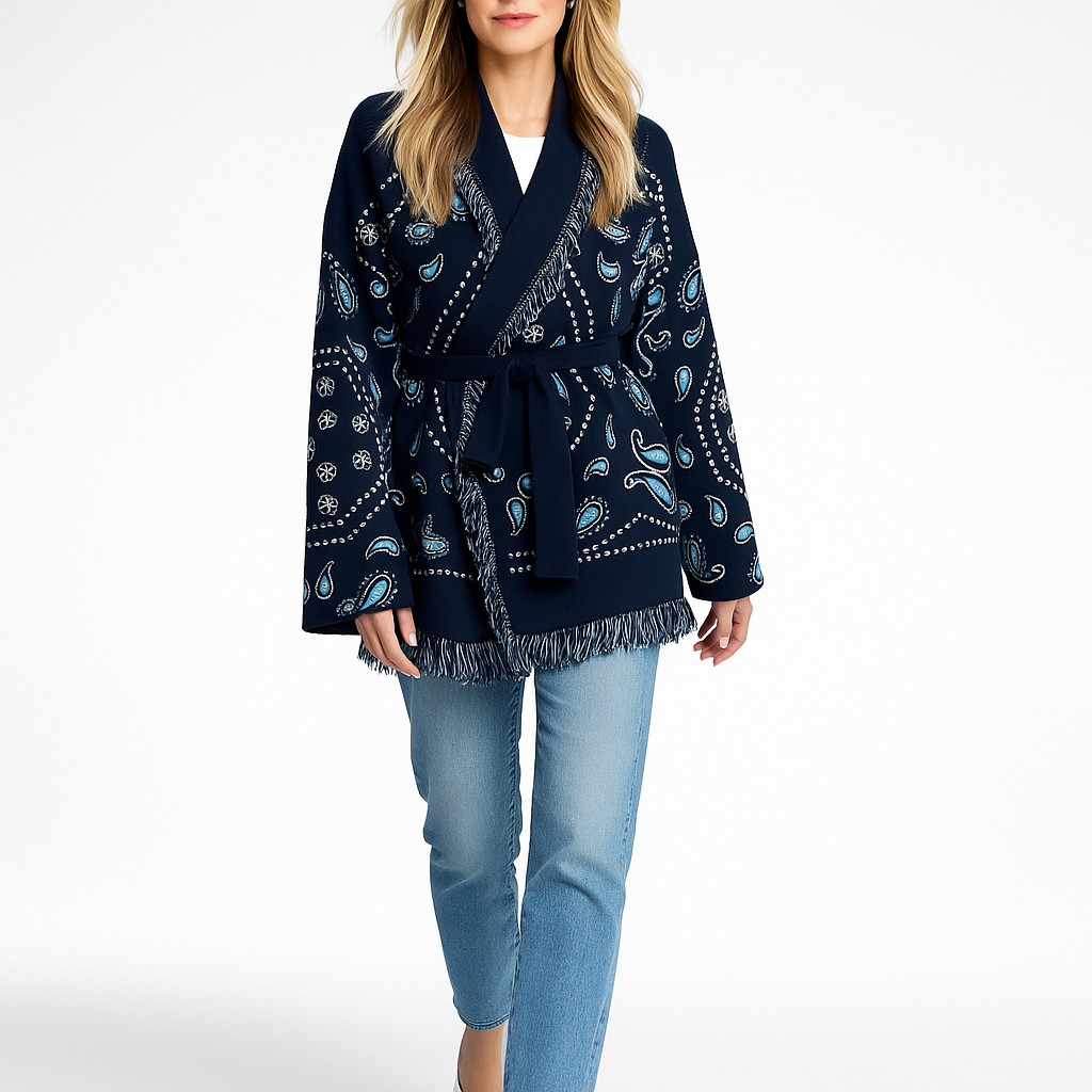 Elegant Printed Kimono-Cardigan Med Frynser Og Bindebånd