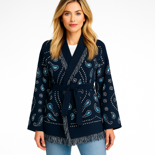 Elegant Printed Kimono-Cardigan Med Frynser Og Bindebånd