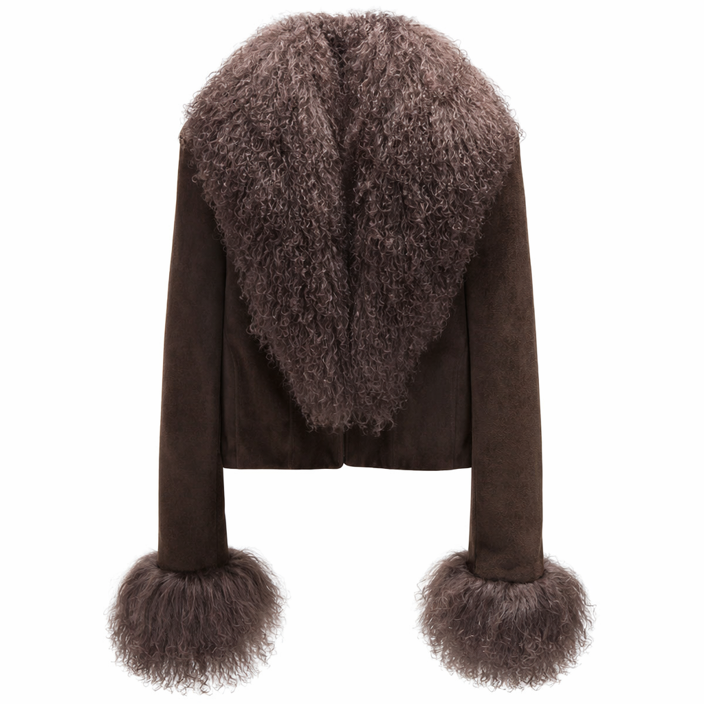 Kort ruskindsjakke i ægte fåreskind med aftagelig pelskrave