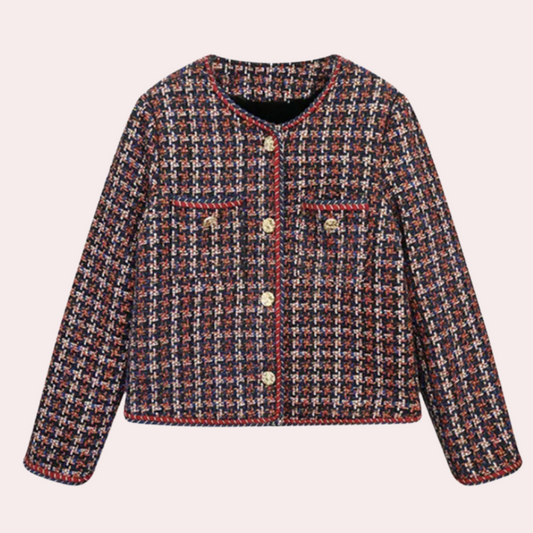Elegant Kort Tweed Jakke til Kvinder | Klassisk Bouclé Jakke med Guldknapper