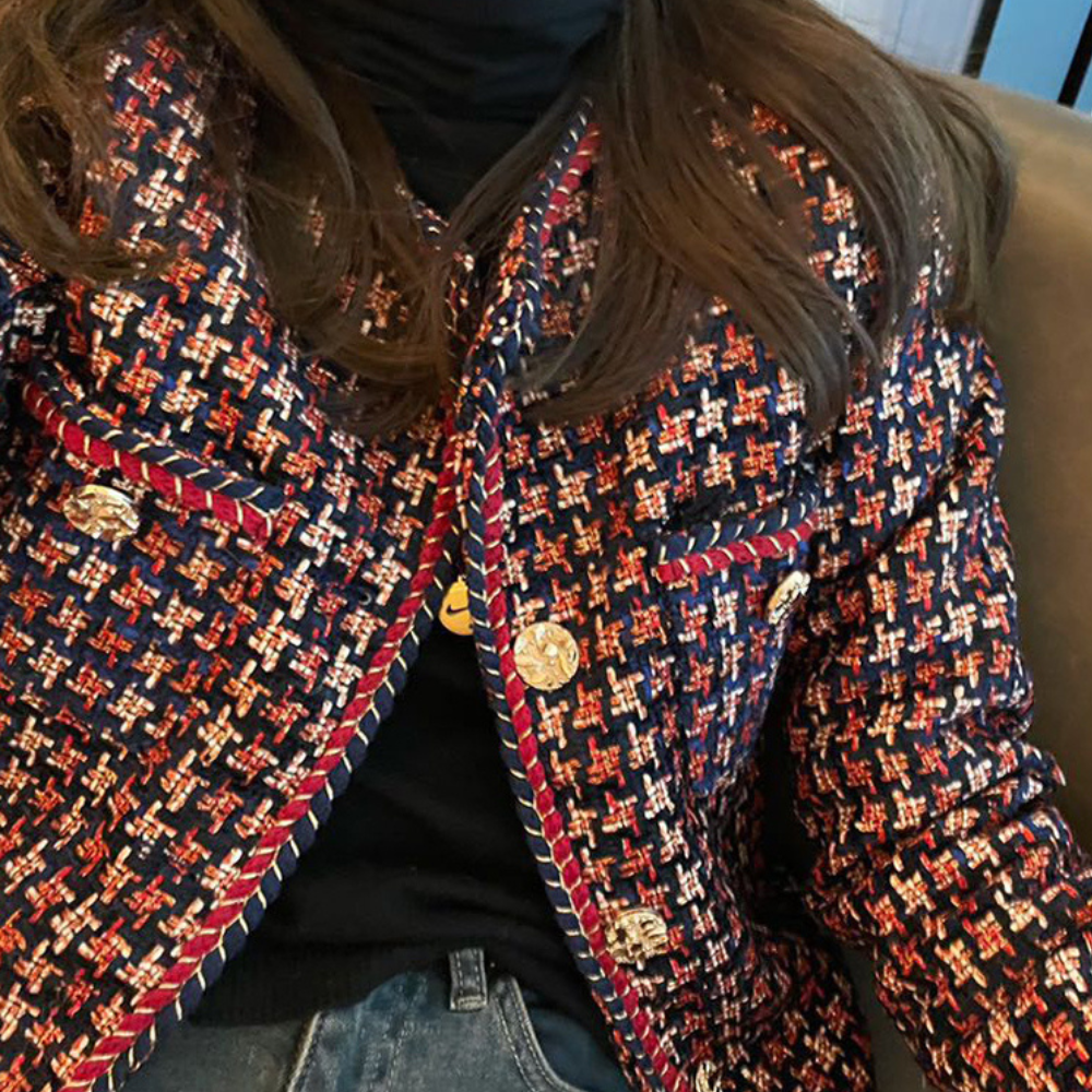 Elegant Kort Tweed Jakke til Kvinder | Klassisk Bouclé Jakke med Guldknapper