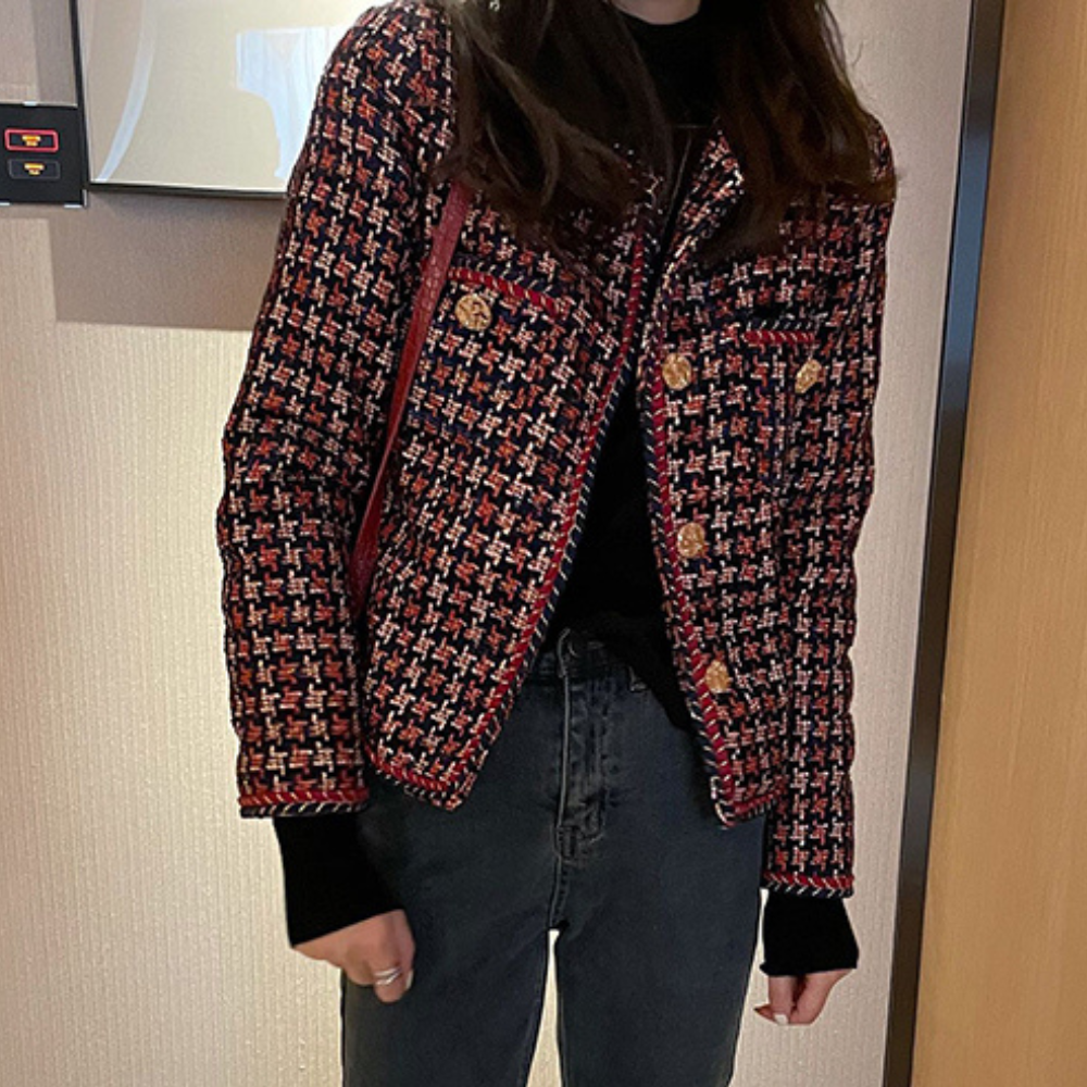 Elegant Kort Tweed Jakke til Kvinder | Klassisk Bouclé Jakke med Guldknapper