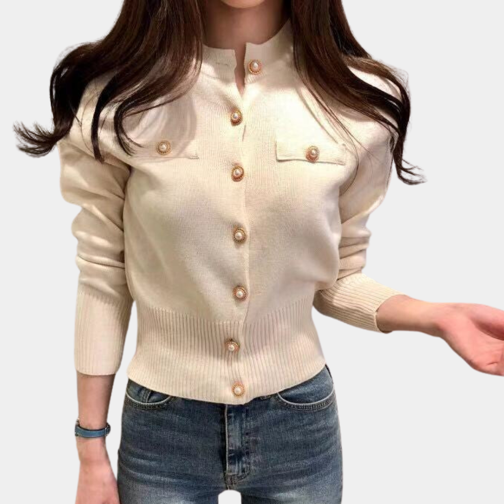 Elegant Dame Cardigan med Guldknapper | Strikket Bluse i Klassisk Design
