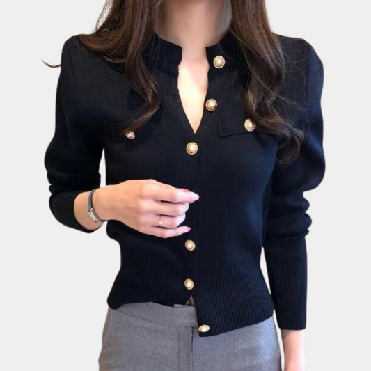Elegant Dame Cardigan med Guldknapper | Strikket Bluse i Klassisk Design