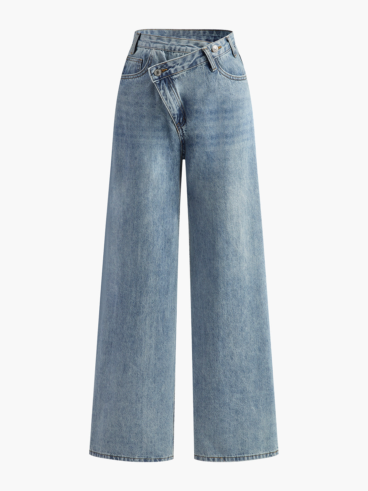 Kvinders jeans med asymmetrisk talje | Vide ben | Moderne design i lys denim