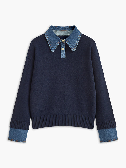 Dame striksweater med revers og 2-i-1 paneldesign | Blød og elegant pasform