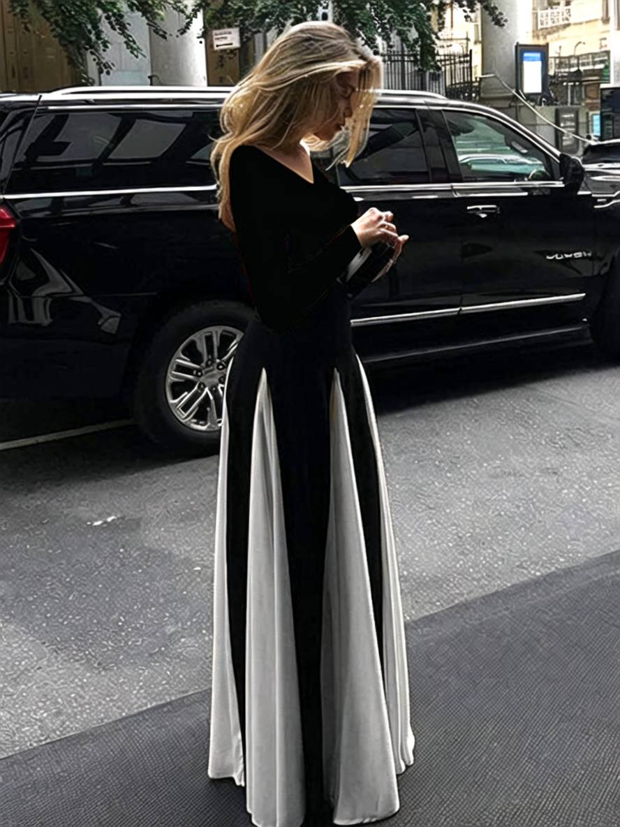 Elegant lang kjole med v-udskæring og figursyet pasform til kvinder