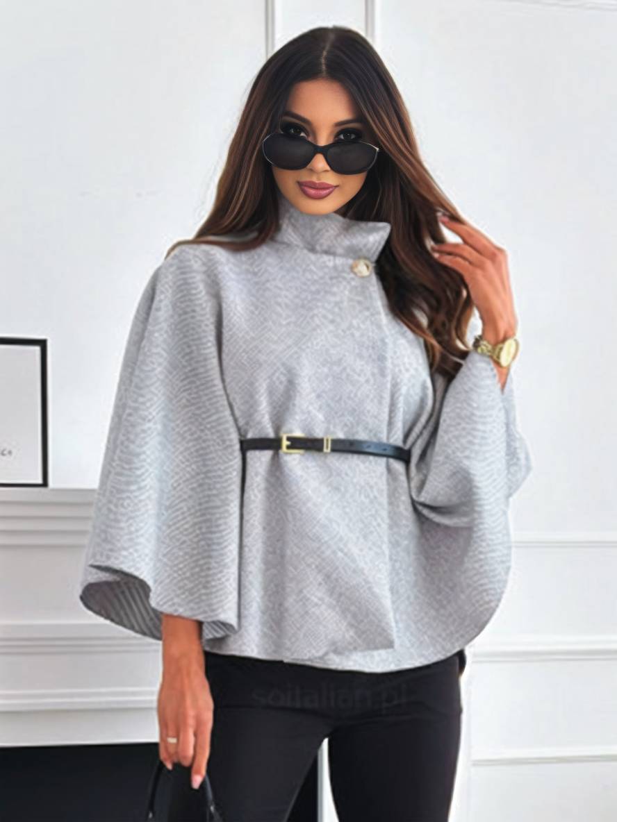 Elegant kort ponchojakke med bælte og flagermusærmer til kvinder