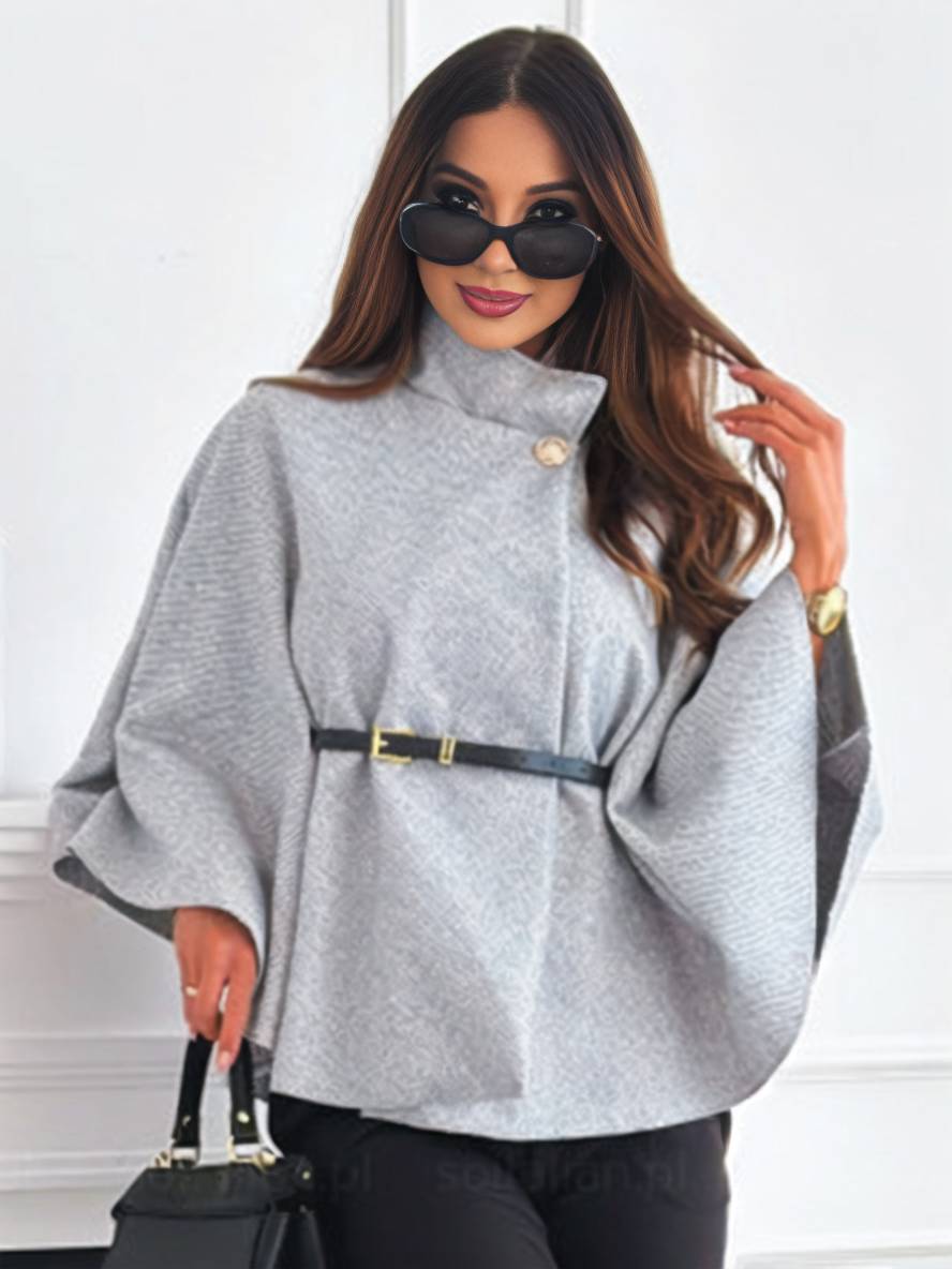 Elegant kort ponchojakke med bælte og flagermusærmer til kvinder