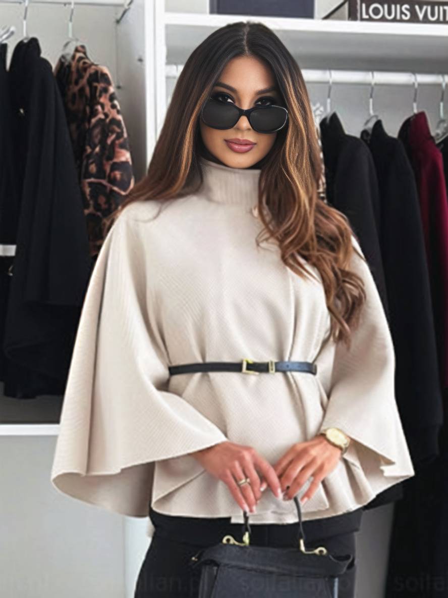 Elegant kort ponchojakke med bælte og flagermusærmer til kvinder