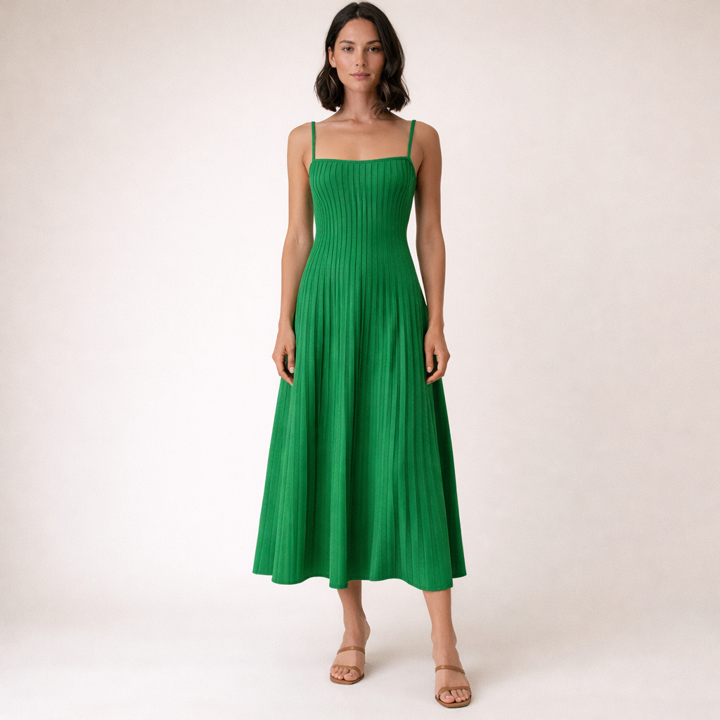 Strikket plisseret midi kjole - Høj talje | Spaghettistropper | Ærmeløs | Flatterende silhuet