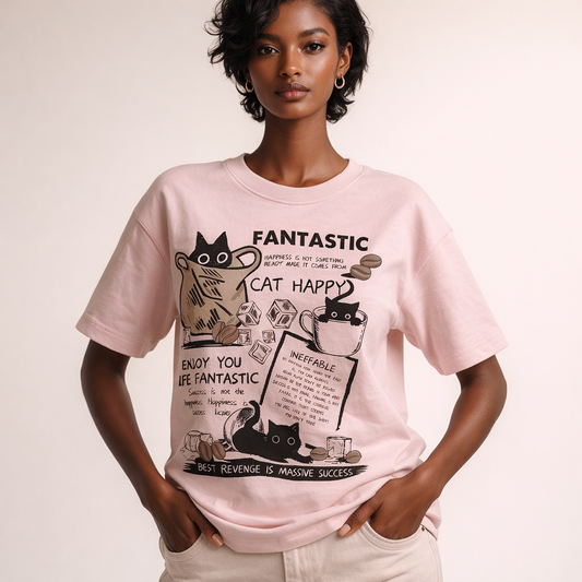 Oversized T-shirt til kvinder med grafisk katteprint og afslappet pasform