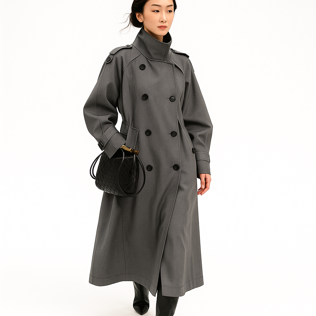 Kvinders lang trenchcoat | Dobbeltknaplukning | Bælte i taljen | Oversized pasform