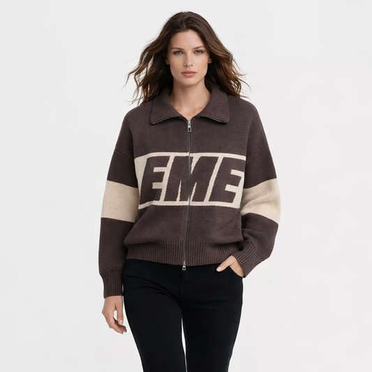 Strikket Cardigan Med Lynlås Og Grafisk Tekstdesign