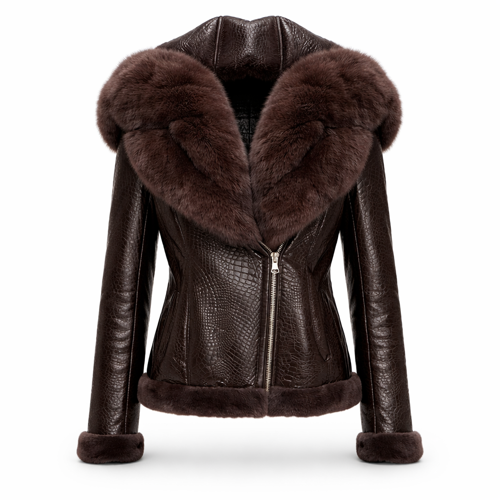 Shearlingjakke i ægte læder med hætte til kvinder
