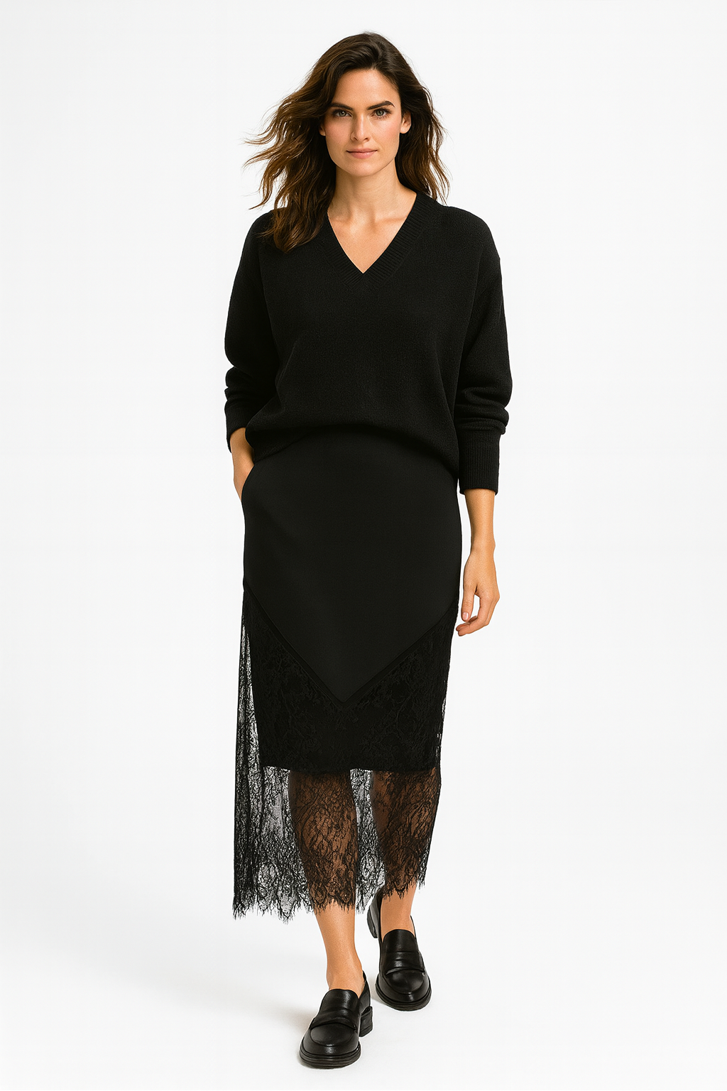 Elegant Patchwork Maxinederdel Med Blonder Og Høj Talje