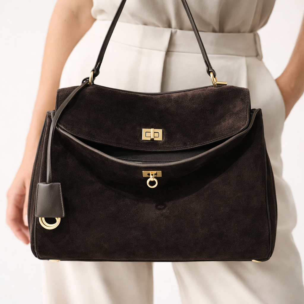 Stor skuldertaske til kvinder i ruskind med struktureret design og rummelig form