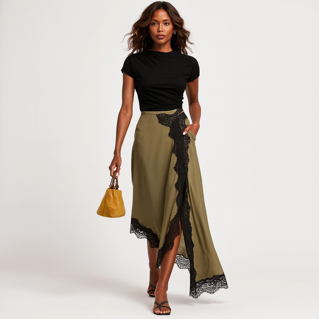 Elegant asymmetrisk slå-om nederdel til kvinder | Blonderkant