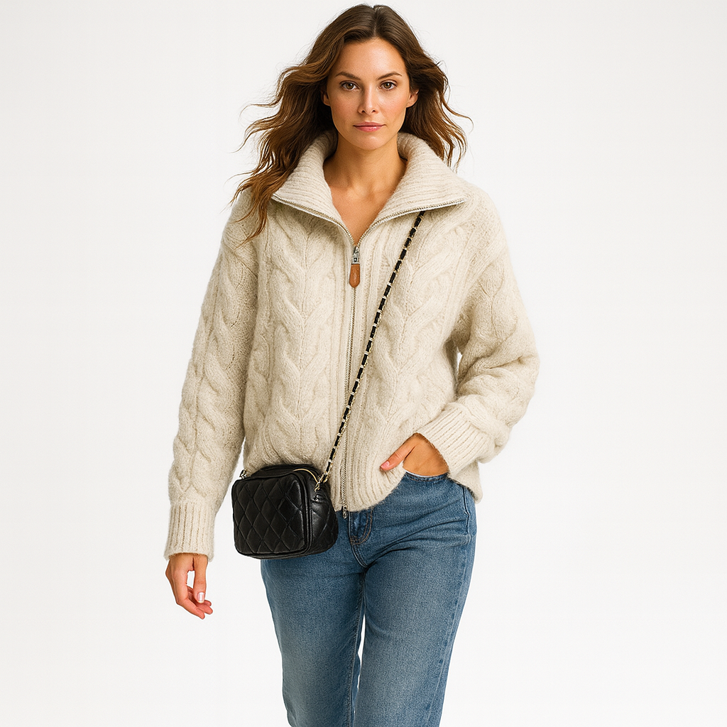 Striktrøje med lynlås og krave til kvinder | Tyk og blød vinterstrik | Afslappet loose fit