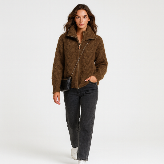 Striktrøje med lynlås og krave til kvinder | Tyk og blød vinterstrik | Afslappet loose fit