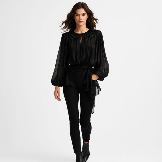 Elegant Chiffon Kjole til Kvinder | Rynket Skørt | Lanterneærmer