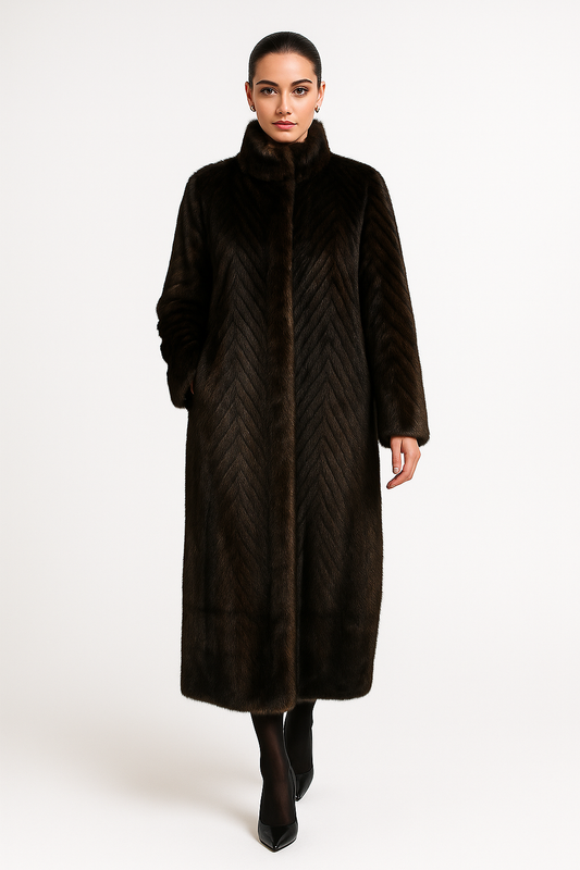 Lang damefrakke i imitation mink | Ståkrave | Elegant gradueret design