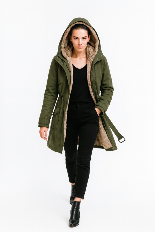 Mellemlang dameparka med hætte | Foret med blød imiteret pels | Justerbart taljebælte