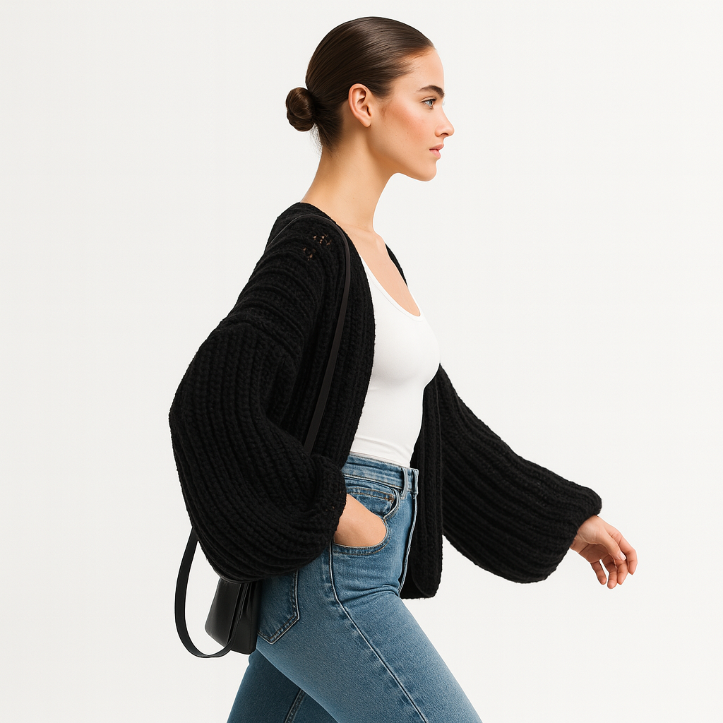 Dame cardigan i chunky strik | Løs pasform med lanterneærmer | Casual og hyggelig stil