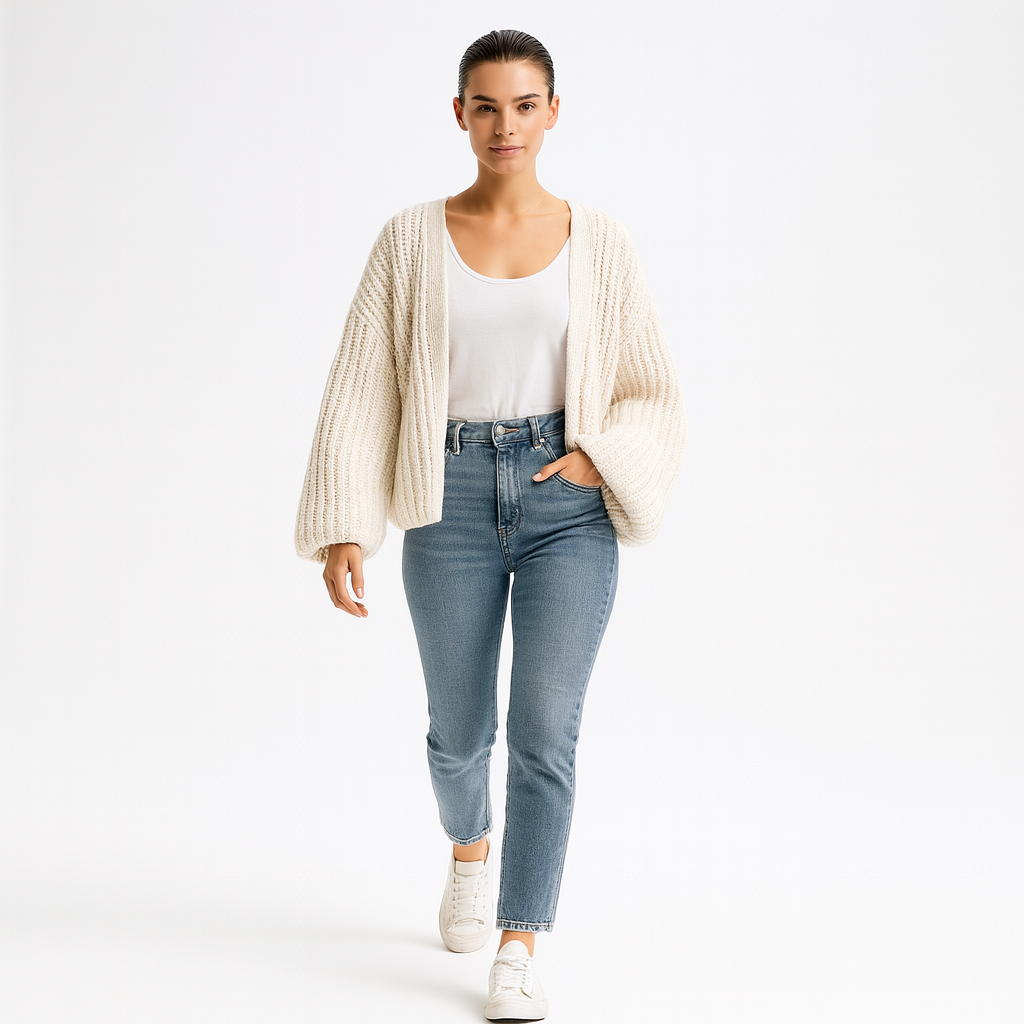 Dame cardigan i chunky strik | Løs pasform med lanterneærmer | Casual og hyggelig stil