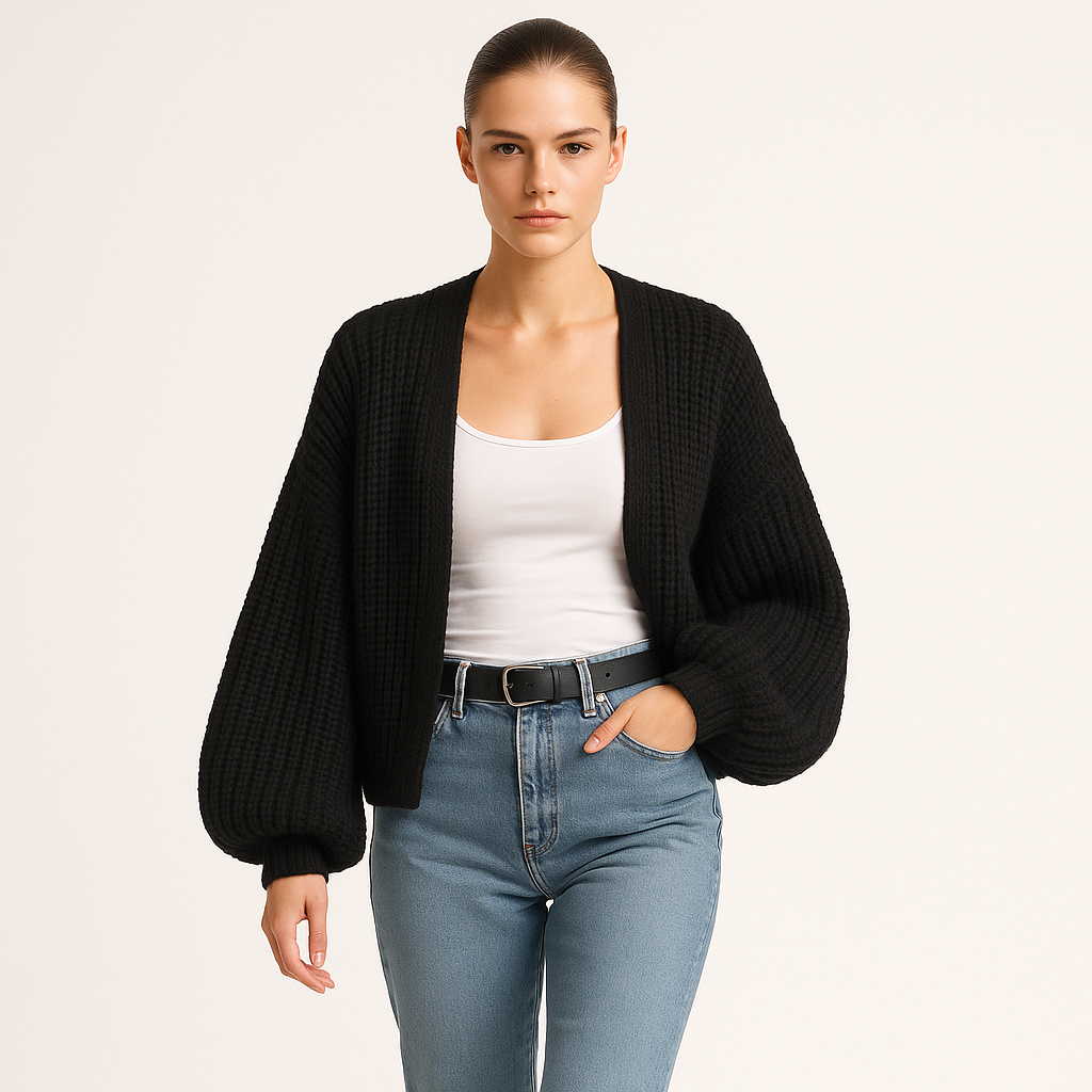 Dame cardigan i chunky strik | Løs pasform med lanterneærmer | Casual og hyggelig stil