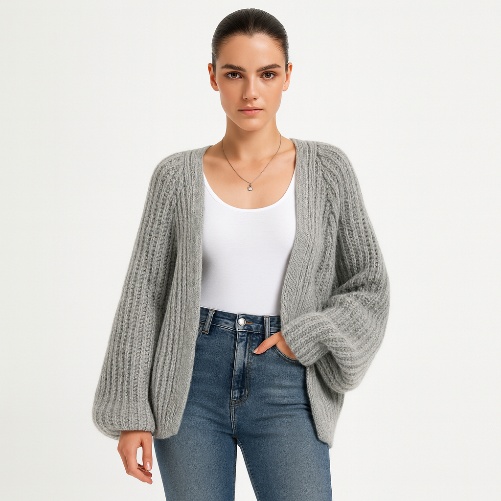 Dame cardigan i chunky strik | Løs pasform med lanterneærmer | Casual og hyggelig stil