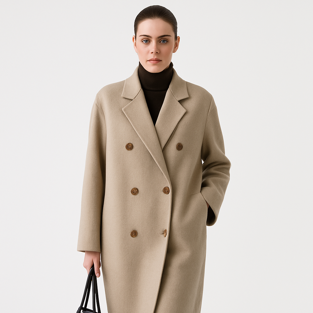 Lang Vinterfrakke til Kvinder | Dobbelt Brystet Design | Blød Foret Komfort | Elegant Silhuet