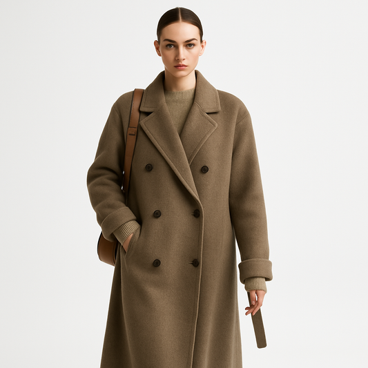 Lang Vinterfrakke til Kvinder | Dobbelt Brystet Design | Blød Foret Komfort | Elegant Silhuet