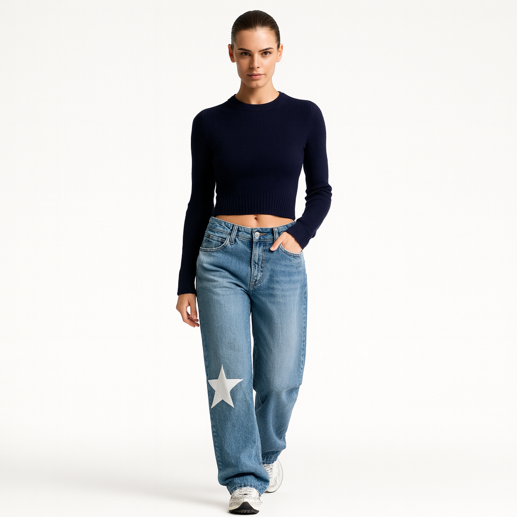 Dame Jeans med Stjerneprint | Løs Pasform | Lav Talje | Vintage Y2K Denim Bukser