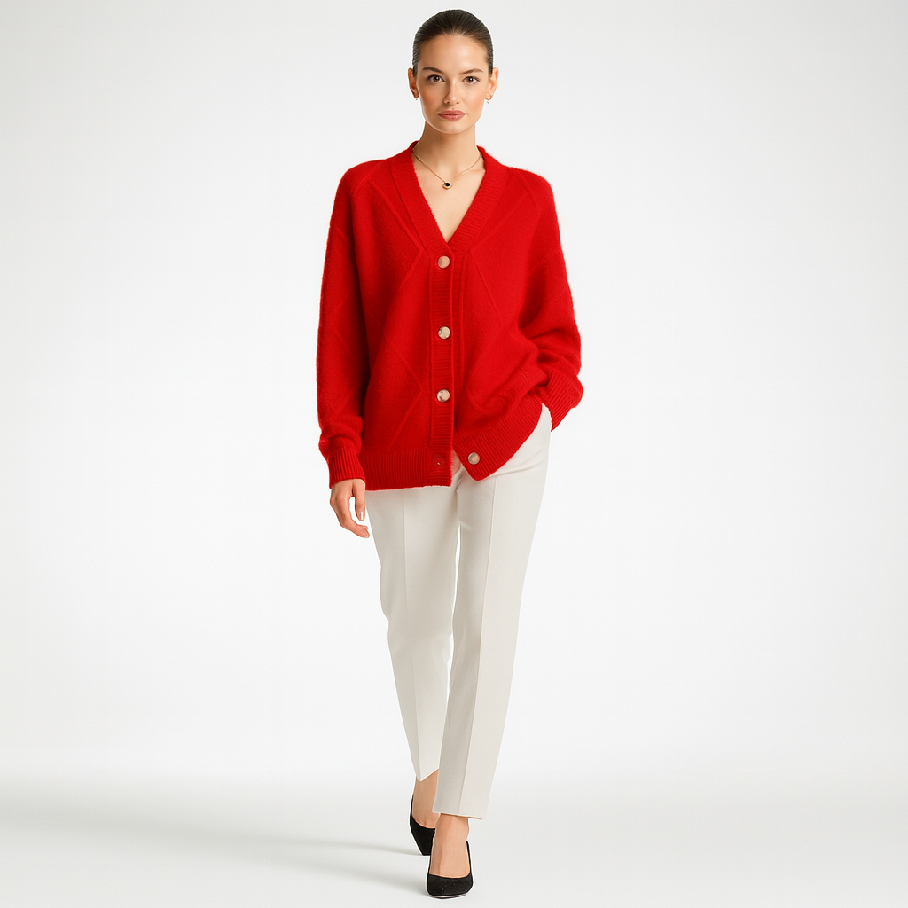 Dame Cardigan | V-Hals | Strikket Design med Jacquard Detaljer | Elegant Pendlerstil